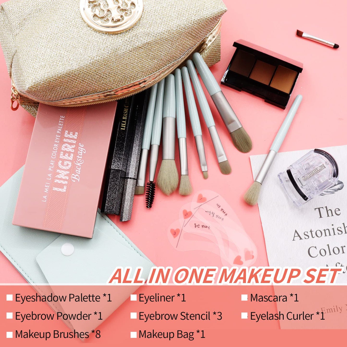 All in One Makeup Kit for Women,15 Color Eye Shadow Makeup Plattete,Waterproof Eyeliner Mascara,3 Color Eyebrow Powder,Eyebrow Stencils,Eyelash Curler,8 Makeup Brushes,Gold/Black Sequin Cosmetic Bag