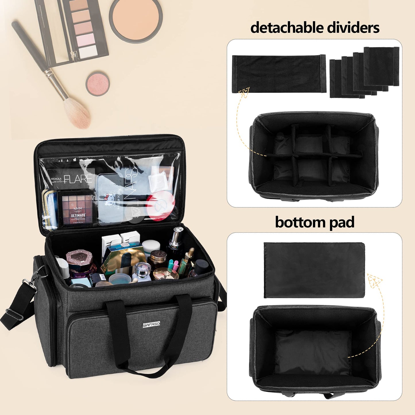 BAFASO Large Cosmetic Bag Makeup Bag with Adjustable Dividers, Travel Makeup Case Holds Cosmetics, Black