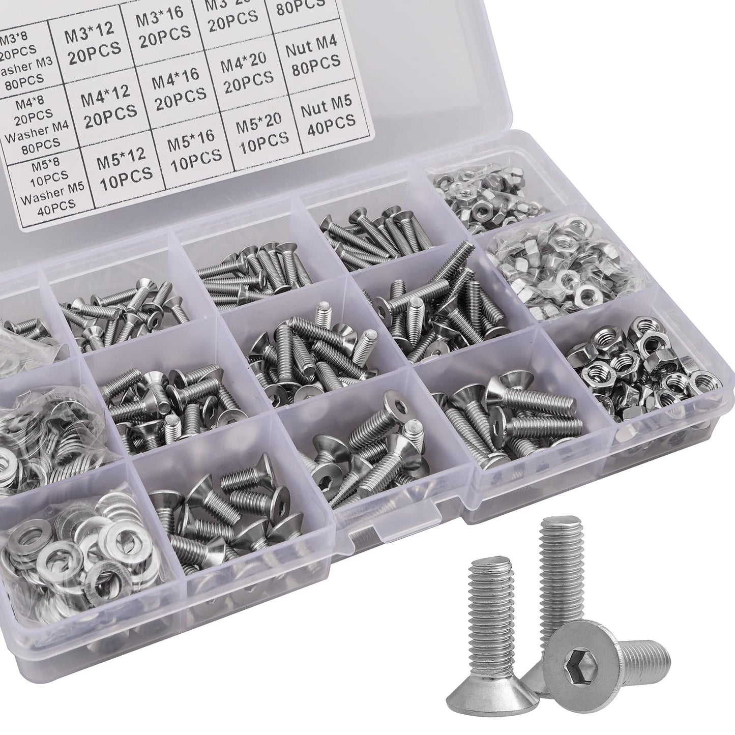 600Pcs M3 M4 M5 Countersunk Bolts Nuts and Washers Set, 304 Stainless Steel Flat Head Socket Cap Hexagonal Machine Screws Assortment Kit with 3 Free Hex Wrenches (8/12/16/20mm)