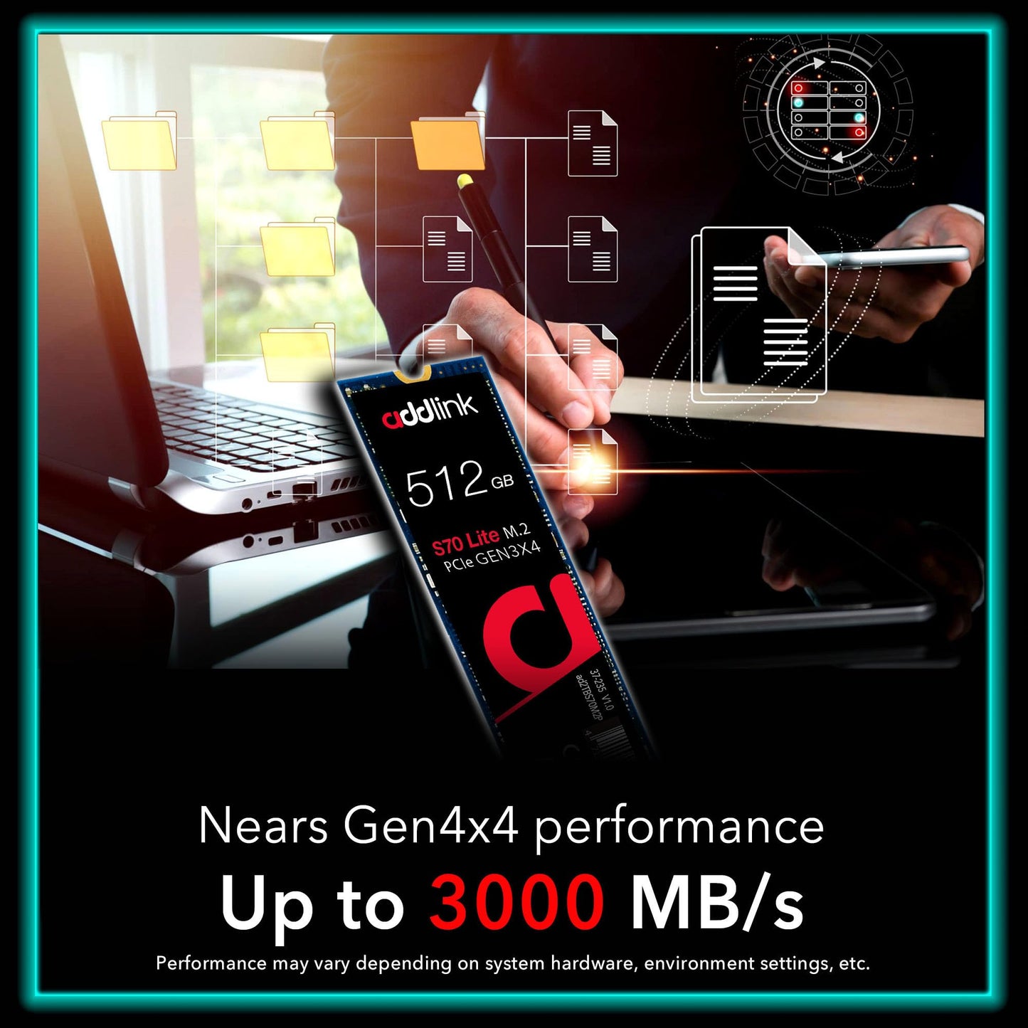 addlink S70 Lite 512GB M.2 PCIe Gen3 Ultra Durability NVMe Internal Gaming SSD, Up to 3000 MB/s - SLC Cache 3D NAND Low-Power Consumption Internal SSD (aUK512GBS70LTM2P)