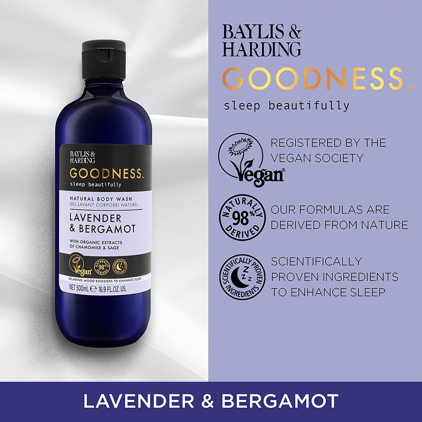 Baylis & Harding Goodness Sleep Lavender & Bergamot Sleep Body Wash, 500ml (Pack of 4) - Vegan Friendly