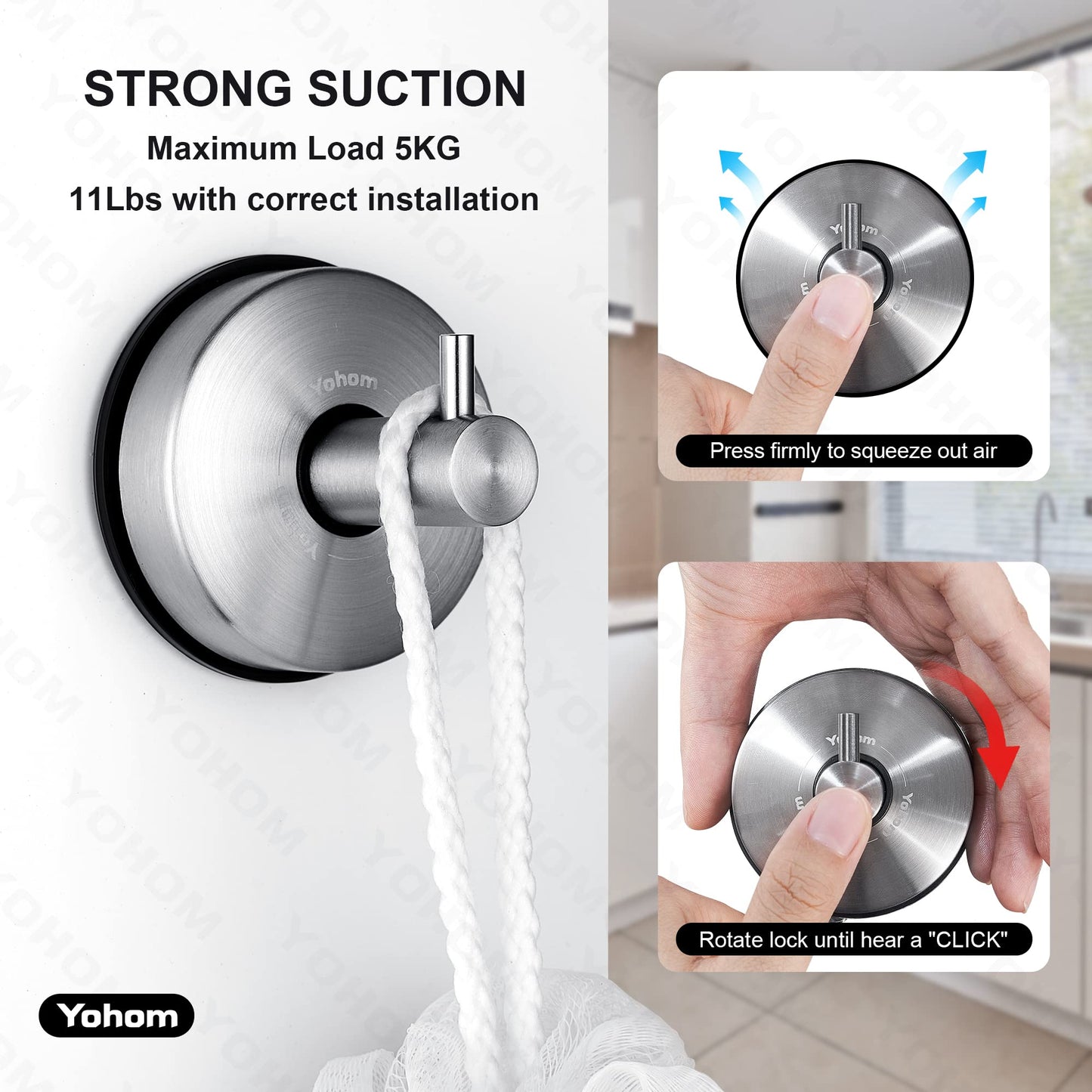 YOHOM Suction Cup Towel Hooks for Bathroom Kitchen Sucker Shower Hook Bathroom Towel Hooks Suction Tea Towel Holder Stainless Steel Heavy Duty Suction Hook Coat Hanger for Robe No Drill Silver 4Pcs 4 Packs Brushed Silver