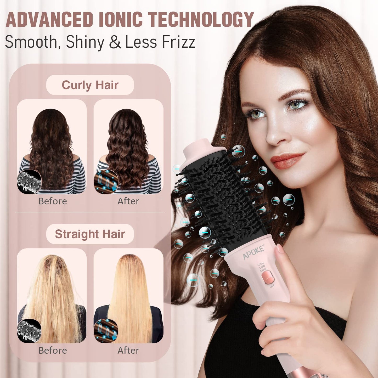 APOKE One Step Hair Dryer Brush Hot Air Stylers and Volumizer, Lightweight Hairdryer Heated Air Brush for Drying Straightening Curling Volumizing Hair Pink