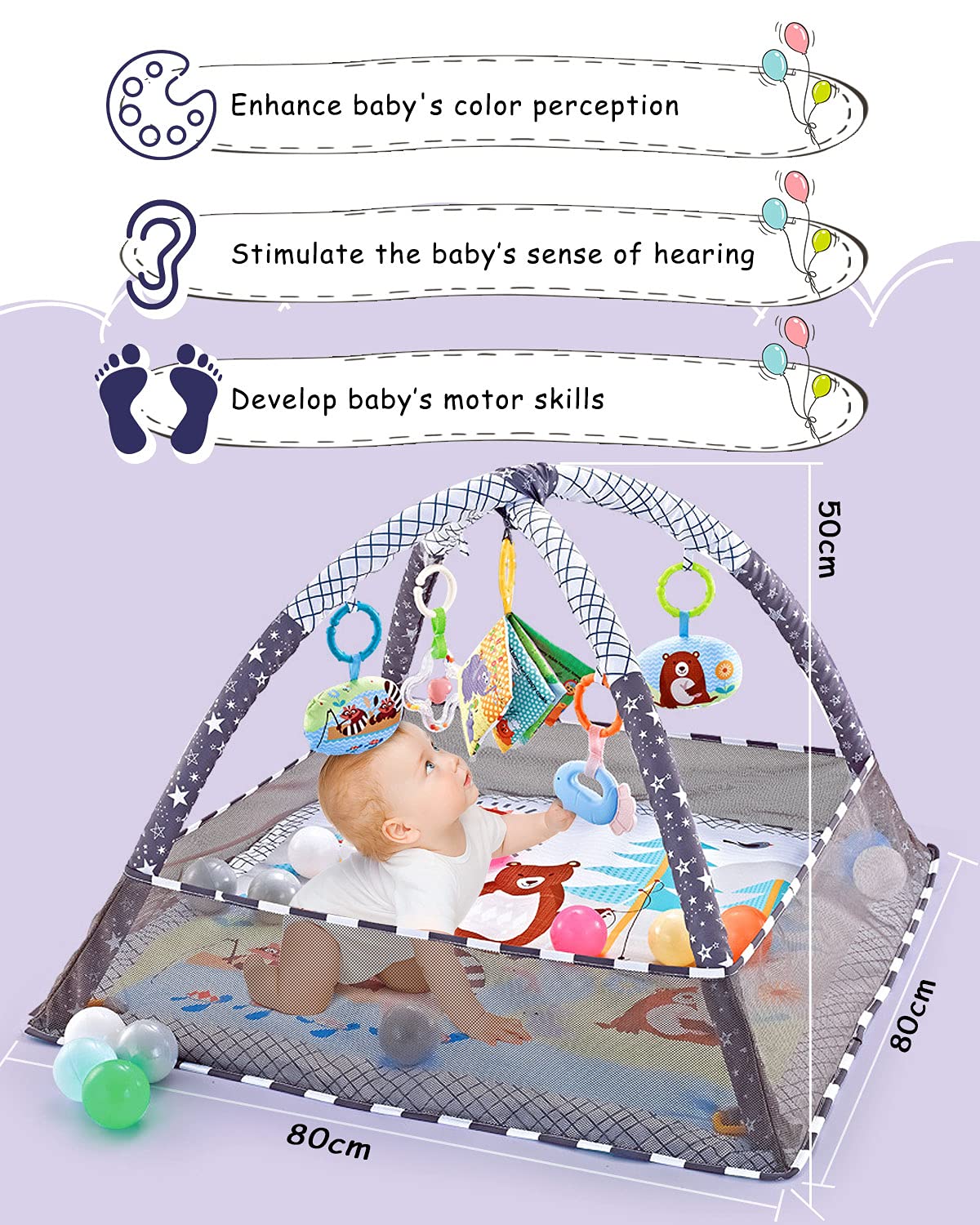 Trongle Baby Play Gym, Baby Play Mat Newborn with 5 Hanging Toys and 18 Ocean Balls, Lightweight Foam Stand Washable Soft Cotton Base, Playmats & Floor Gyms for 0-24months, with Carry Bag (80x80x55cm) Animal Theme 80x80x55cm