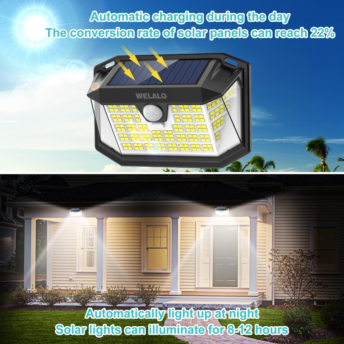 WELALO Solar Security Lights, 188 LED Solar Motion Sensor Lights, IP65 Waterproof Solar Lights Outdoor Garden, 3 Modes PIR Solar Powered Wall Lights for Outside Garden Fence Door Yard (2 Pack) Cool White 2 Pack