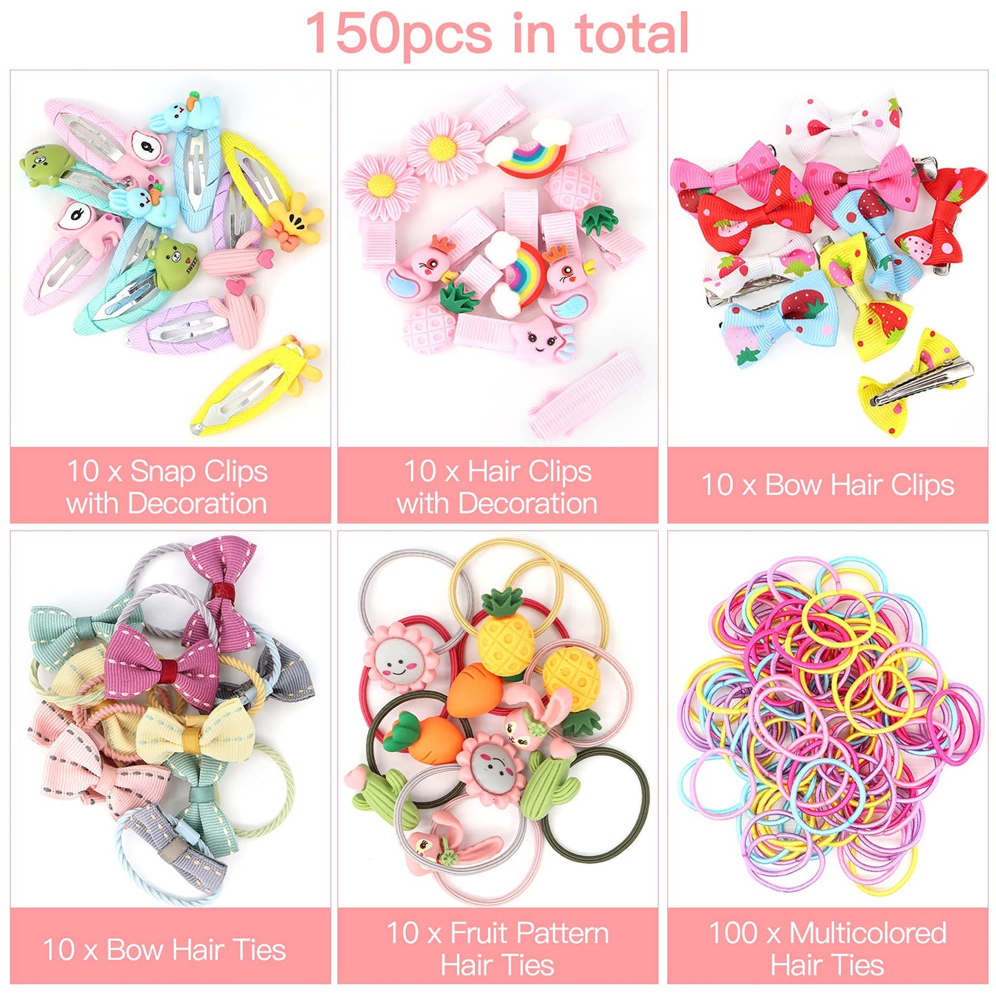 VEGCOO 150 Pcs Girls Hair Accessories Set with Bow Hair Clip Flower Hair Clip Elastic Rubber Hair Ties Hair Accessories for Girls