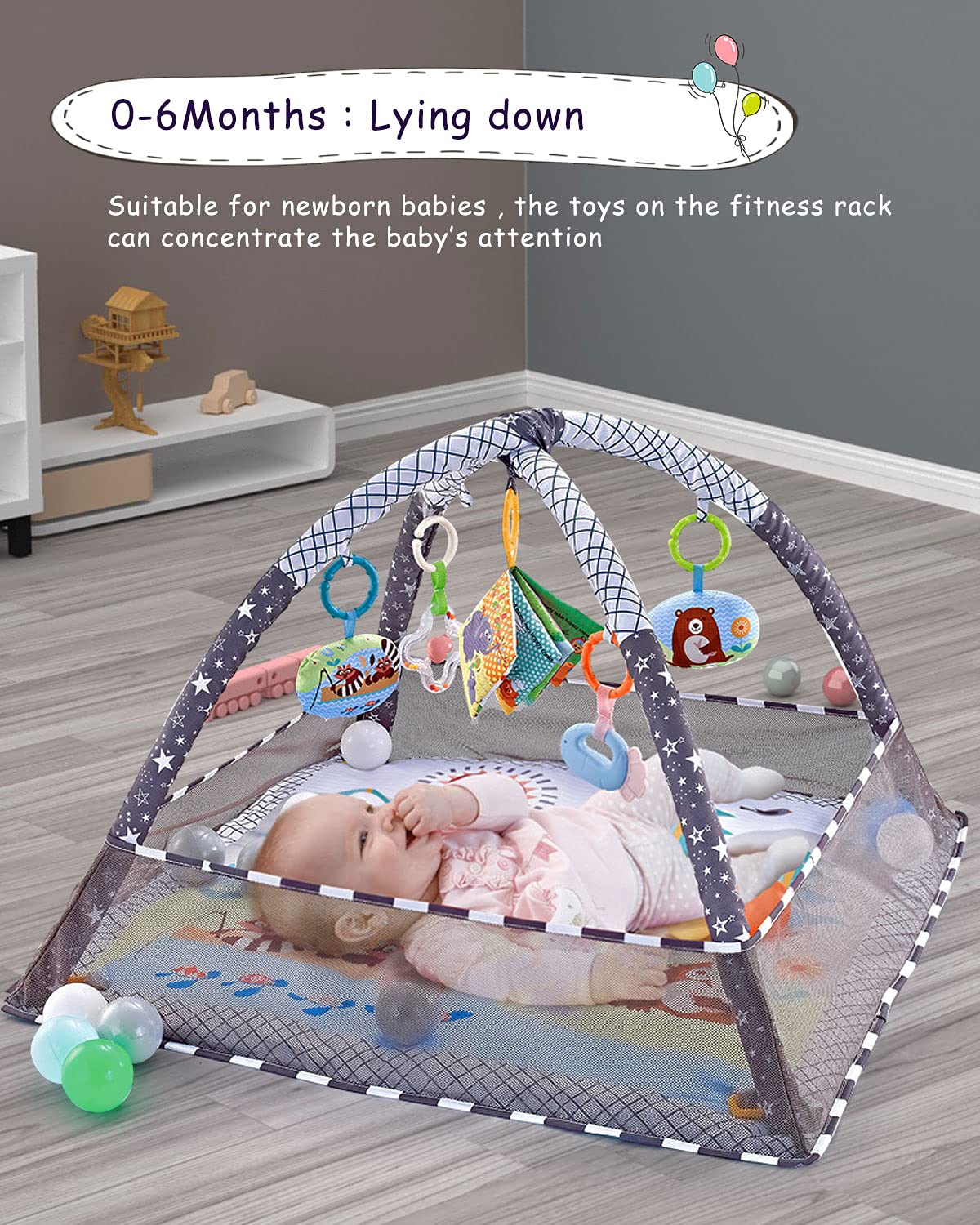 Trongle Baby Play Gym, Baby Play Mat Newborn with 5 Hanging Toys and 18 Ocean Balls, Lightweight Foam Stand Washable Soft Cotton Base, Playmats & Floor Gyms for 0-24months, with Carry Bag (80x80x55cm) Animal Theme 80x80x55cm