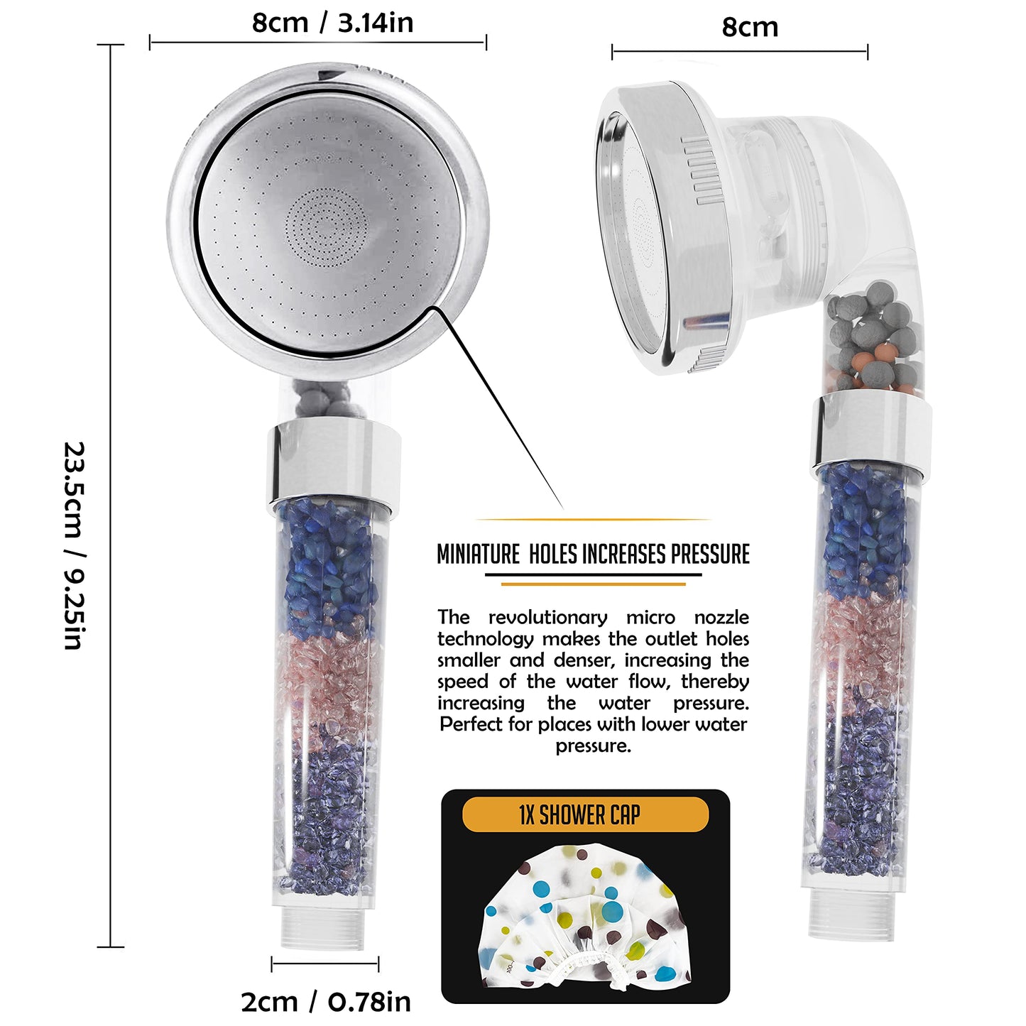 5 Way Filter Hikklo Shower Head and Hose-3 Modes Ionic Shower Heads with 1.5M Shower Hose and Shower Cap-high Pressure Shower for Hard Water to Increase Pressure with Replaceable Water Filter Stones