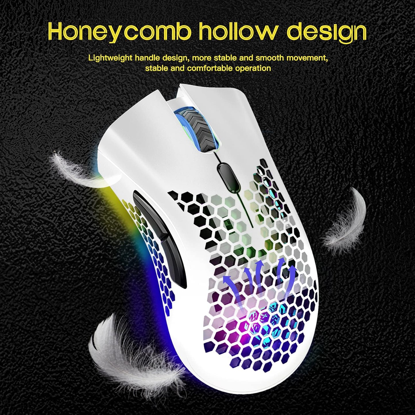 VEGCOO Gaming Mouse, Rechargeable Wireless Mouse with Honeycomb Wireless Gaming Mouse with RGB Light/Silent Click/Adjustable DPI, Optical Computer Mouse for Laptop PC Computer C23WT-UK