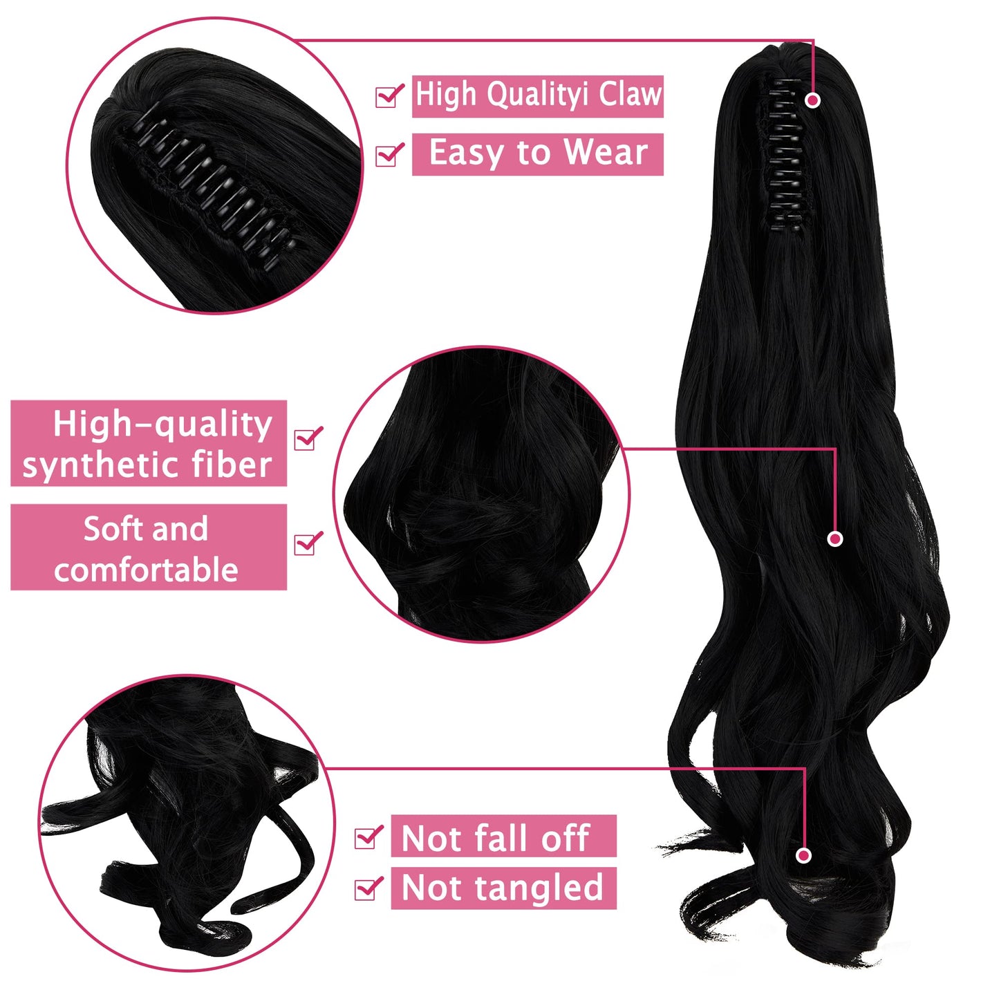 18 Inch Long Claw Ponytail Hair Extension One Piece Clip in Ponytail Jaw/Claw Synthetic Hairpieces Curly Wavy Ponytail Extensions (Dark Black) 18 Inch Dark Black