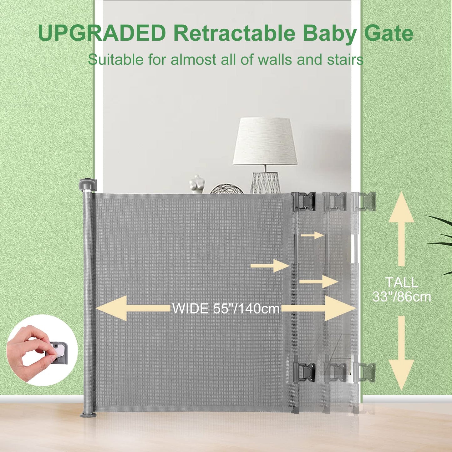 Baby Gate, MYPIN Extra Wide Retractable Dog Gates Indoor Stair Gates for Baby Pet Gates for Dogs Baby Gates for Dogs Stair Gate for Stairways, Hallways, Doorways, Indoor, Outdoor (Grey, 140 X 86 CM) Grey / 140CM