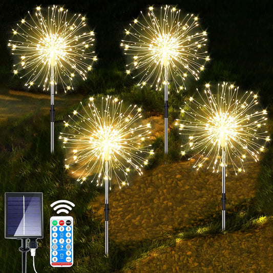 yowin Garden Lights Solar Powered 4x120 LED Firework Solar Lights Outdoor Garden with Remote, 8 Modes Starburst Solar Stake Lights Waterproof Dandelion Lights for Pathway Patio Balcony Decorations Warm White