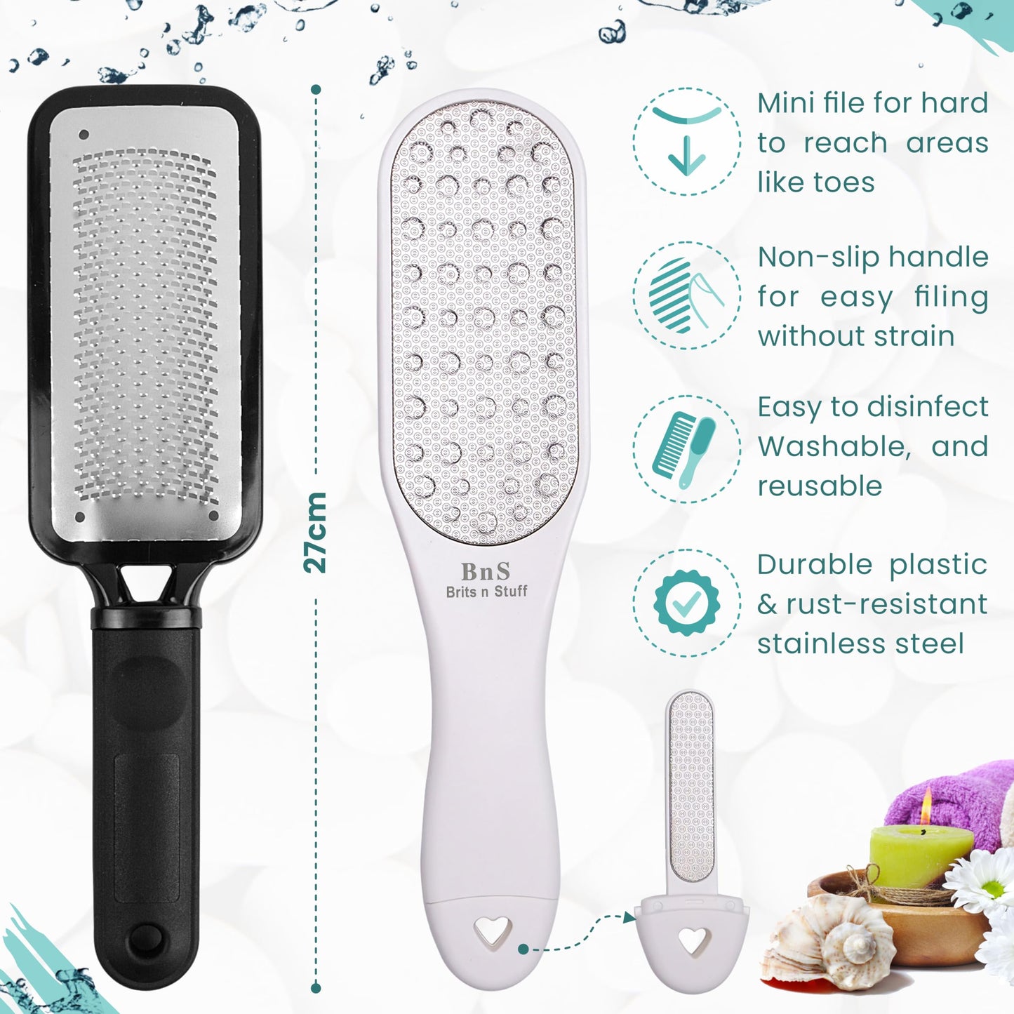 3-in-1 Professional Pedicure Foot File for Hard Skin - Anti Rust Stainless Steel Callus Remover for Cracked Heels - Easy to Use & Anti Skid Design - Foot Care Tool for Dry and Dead Skin - BNS Flower White