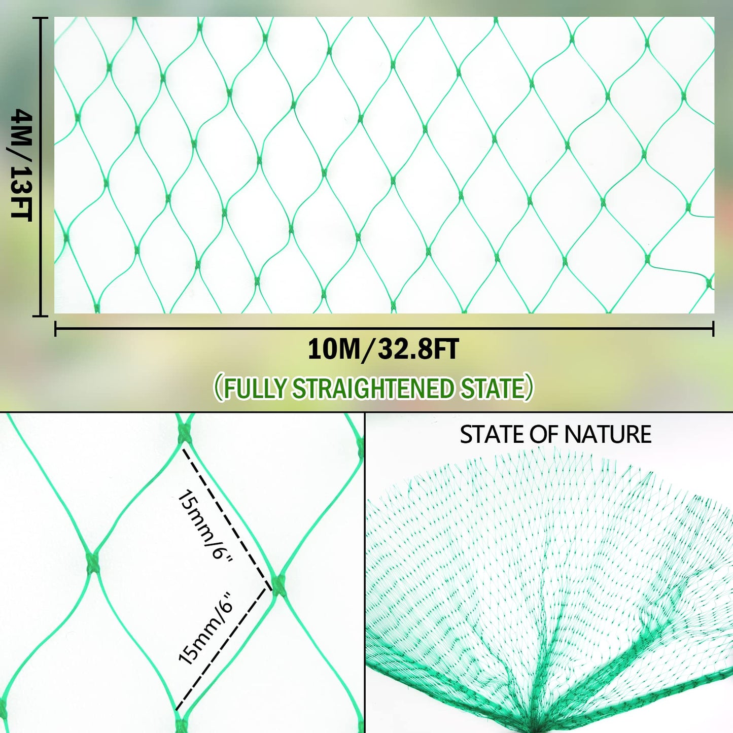 4 * 10M Green Garden Netting Grass Seed Pea Netting for Vegetables Plants Fruit Trees Strawberries Bean Lawn Pond, Reusable Plastic Garden Mesh Protection Net