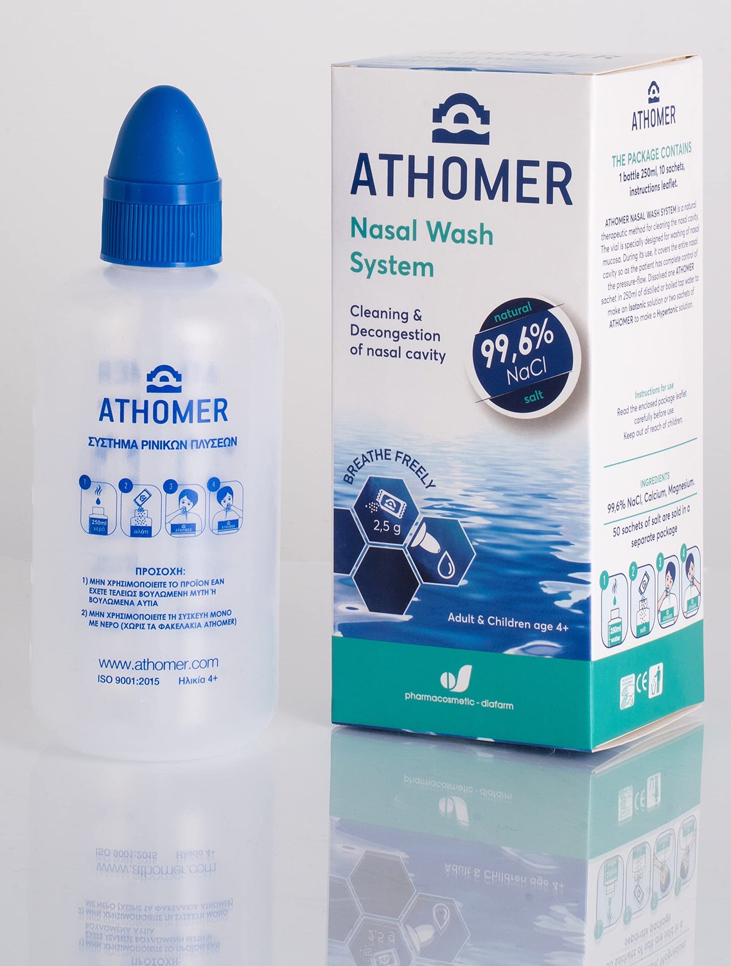 Athomer Nasal Wash - Sinus Rinse Kit - 250ml with 10 Packets of Sea Water Salt - Cleans and Decongests The Nasal Cavity - Moisturizing Nasal Sprayer for Adult and Kid (250ml)