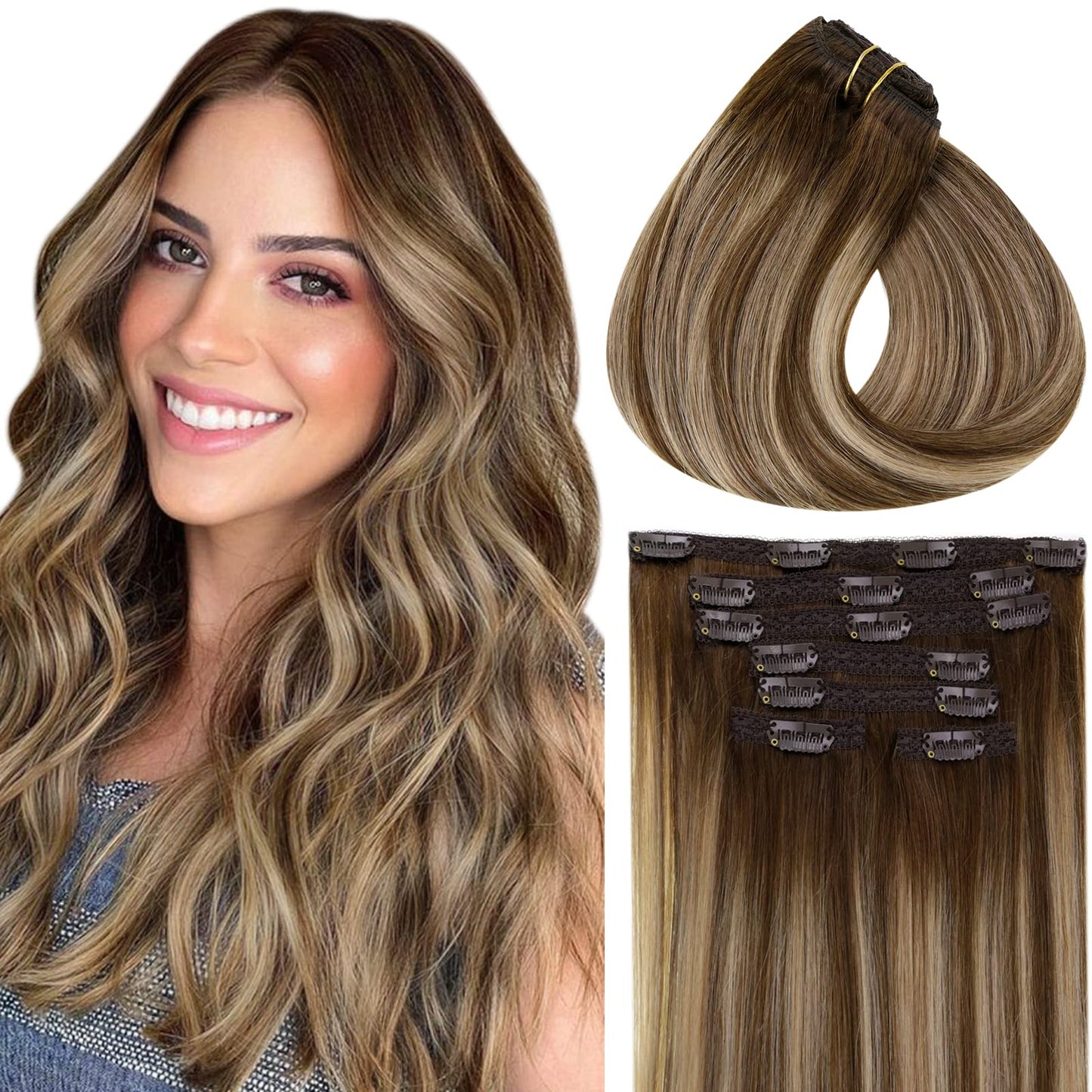 Vivien Clip in Hair Extensions Real Huamn Hair Balayage Brown Clip in Human Hair Extensions Dark Brown With Blonde Hair Extensions Clip in Real Hair Silky Straight 7pcs 120g #4/27/4 14 Inch 14 Inch-120g 1-1Clip #4/27/4