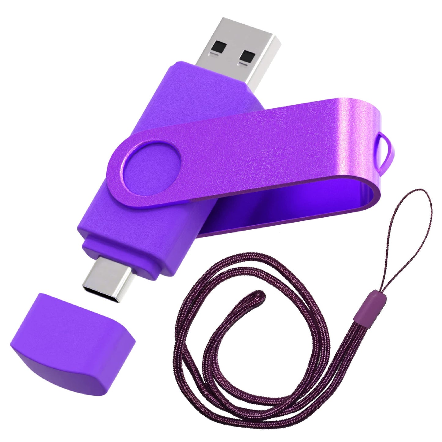 Vixelle 16GB High Speed USB 3.0 Type-C Flash Drive with Lanyard - 360° Swivel Pen Drive with Keychain Loop - 2in1 Dual USB C Memory Stick - 16GB USB Stick for Smartphone, Tablet & Computer - Purple