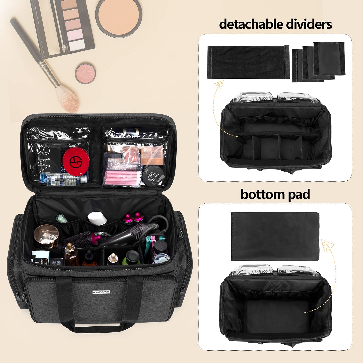 BAFASO Large Makeup Bag Cosmetic Bag with Removable Dividers, Travel Makeup Case Holds Cosmetics, Black