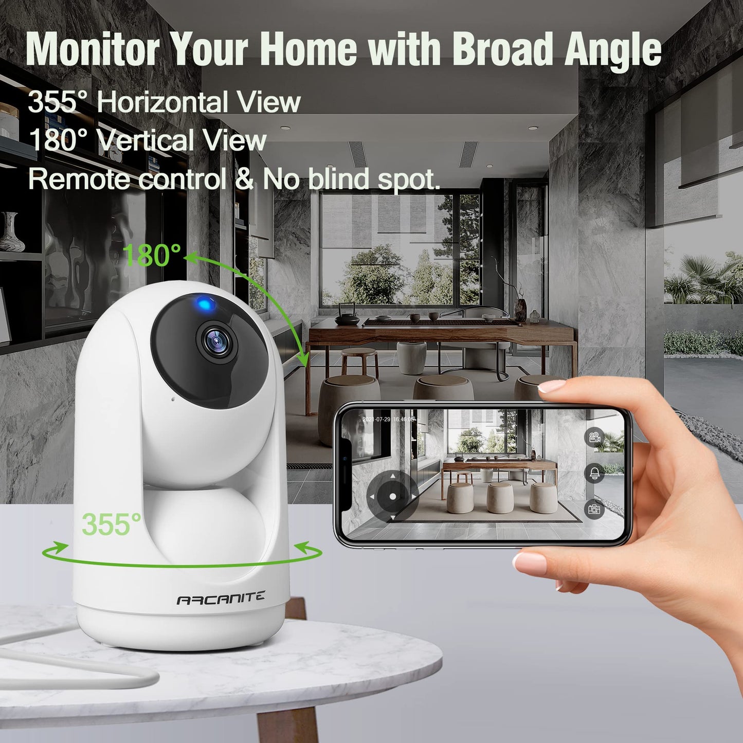 ARCANITE 1080P Wireless Home Security WiFi IP Camera for Baby, Pet, Nanny Monitoring. App for Pan-Tilt-Zoom controls, Motion Detection Follow, Night Vision, 2-Way Audio, MicroSD Card Slot, White