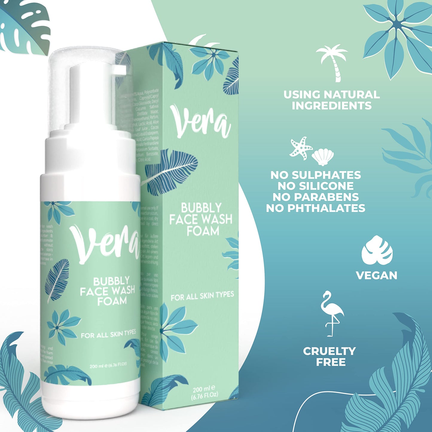 Vera Foaming Face Wash - Deep Face Cleanser & Oily Skin Face Wash Containing Aloe Vera, Cucumber & Kakadu Plum - Foaming Cleanser for Oily Skin - Exfoliating Face Wash Women & Coconut Face Wash, 200ml