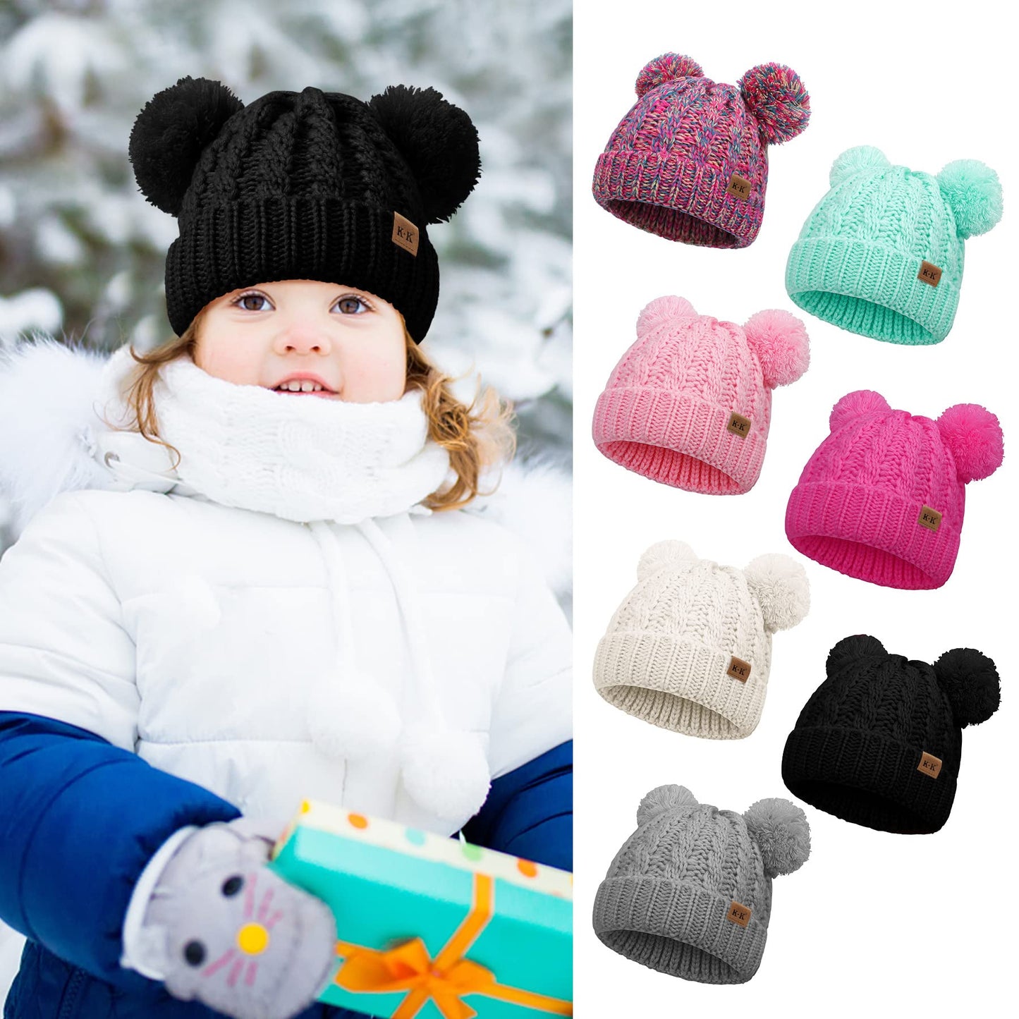 Baby Girls Bobble Hat - Toddler Winter Beanie Hats Kids Warm Knitted Beanies Double Pom Pom Hats Bonnet Cap for Children Boys Girls 1-6Y One Size Black