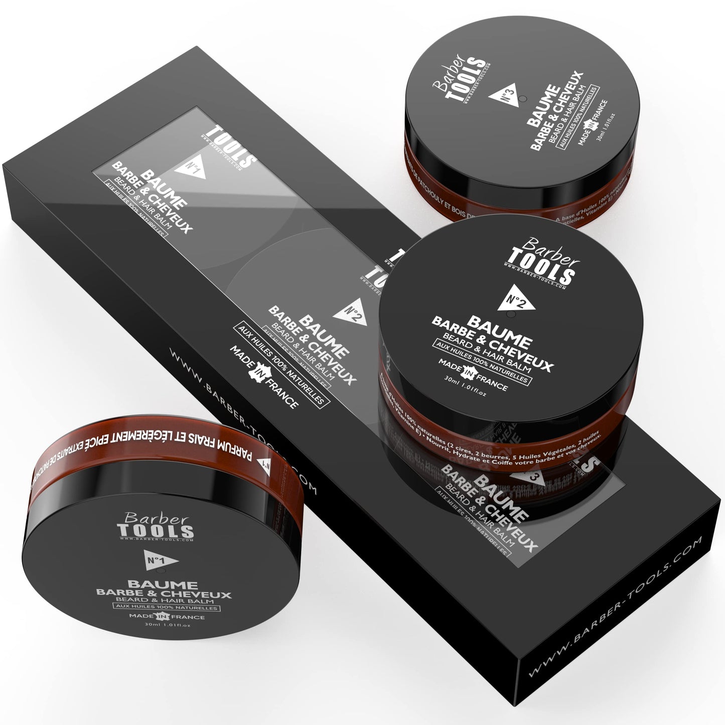 BARBER TOOLS Beard Balm Set N°1/2/3, 3x30 ml with 100% Natural Oils - Made in France - Nourishes, Hydrates, Textures