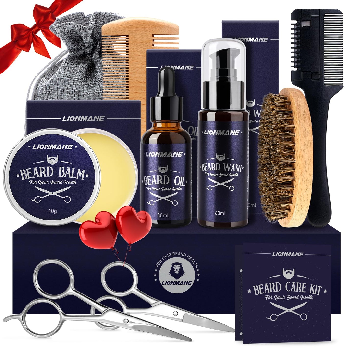 Beard Care Kit for Men, LIONMANE Beard Grooming Kit-Beard Balm,Beard Wash & Oil,Comb, Brush,Scissors,Hair Thinning Comb, Beard Trimming Set, Birthday Gifts for Him/Husband/Boyfriend/Dad