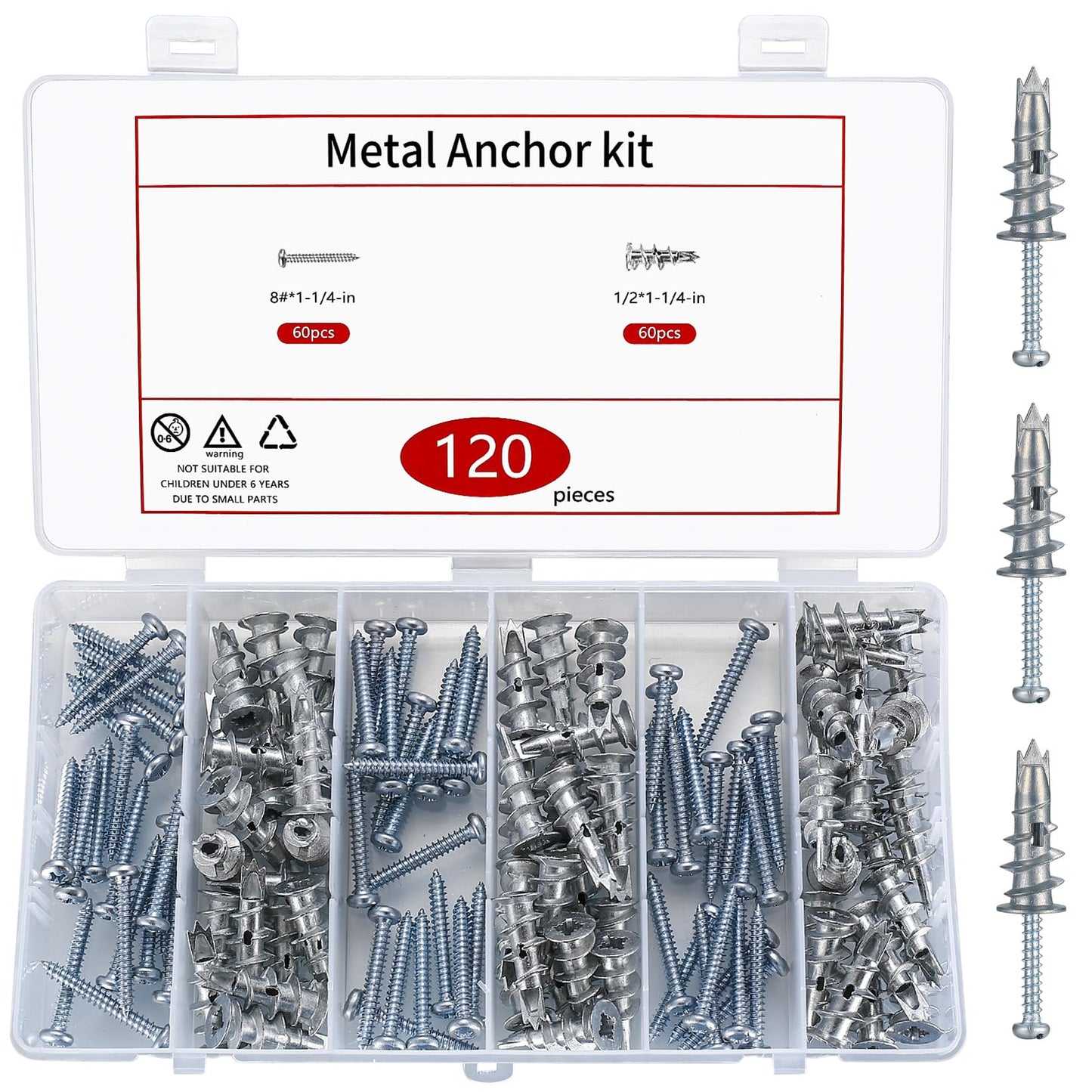 120 Pcs Self Drilling Plasterboard Fixings Raw Plugs and Screws, Cavity Wall Screws and Drywall Anchors, Metal Plaster Boarding Screws Fixings Kits Heavy Duty (3 pointed tips) 3 pointed tips