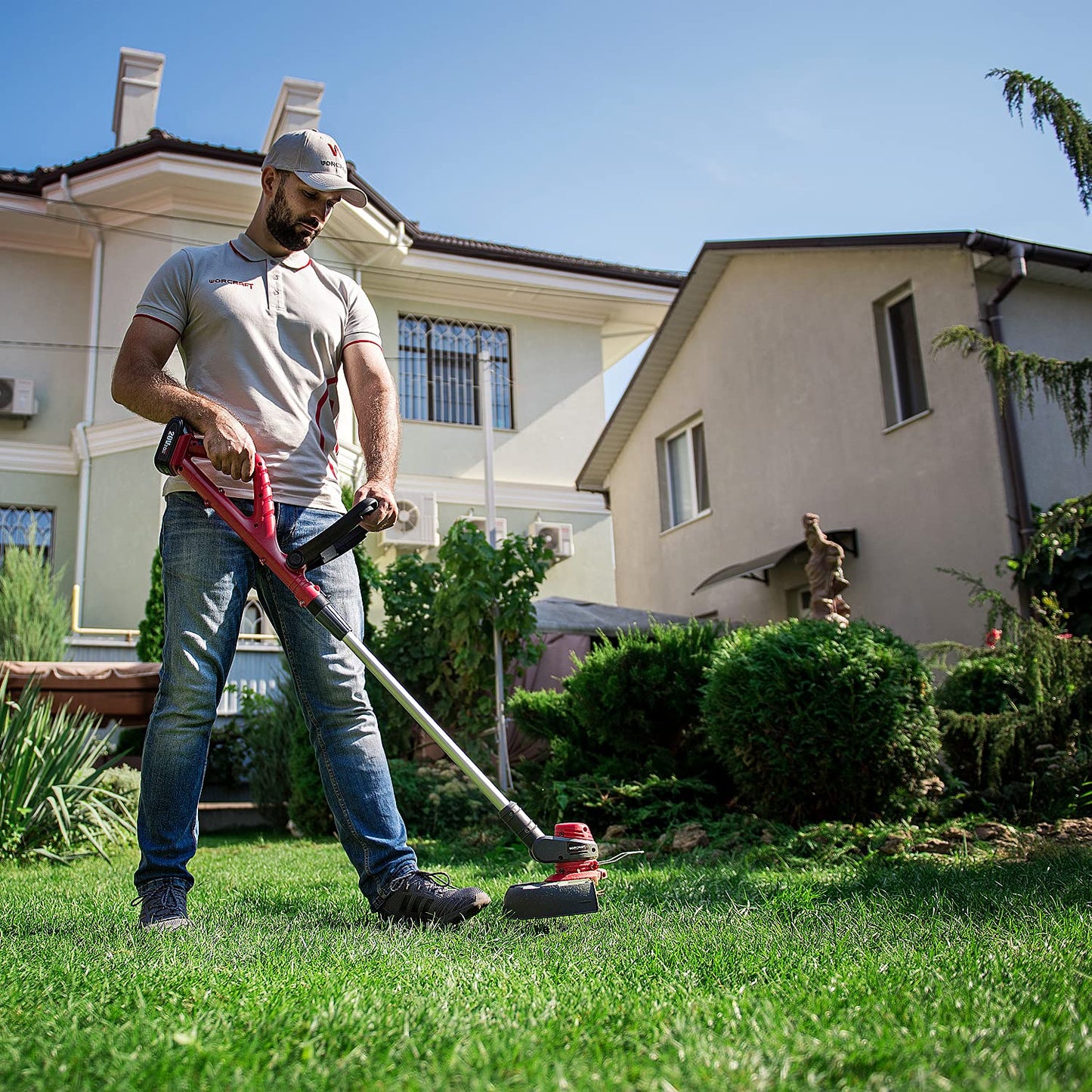 WORCRAFT 20V Cordless 2-in-1 Grass Trimmer & Edger with 2 x 2.0Ah Batteries & Charger | Dual Blades & Spool Line Cutting | Adjustable Head & Handle for Precision Trimming Double Batteries