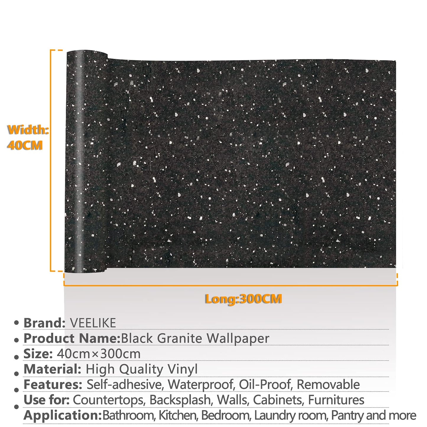 VEELIKE Black Granite Wallpaper Self Adhesive for Living Room Waterproof Oilproof 40cm x 300cm Sticky Back Plastic Kitchen Contact Paper Peel and Stick for Countertops Worktop Vinyl Covering 300W x 40L cm