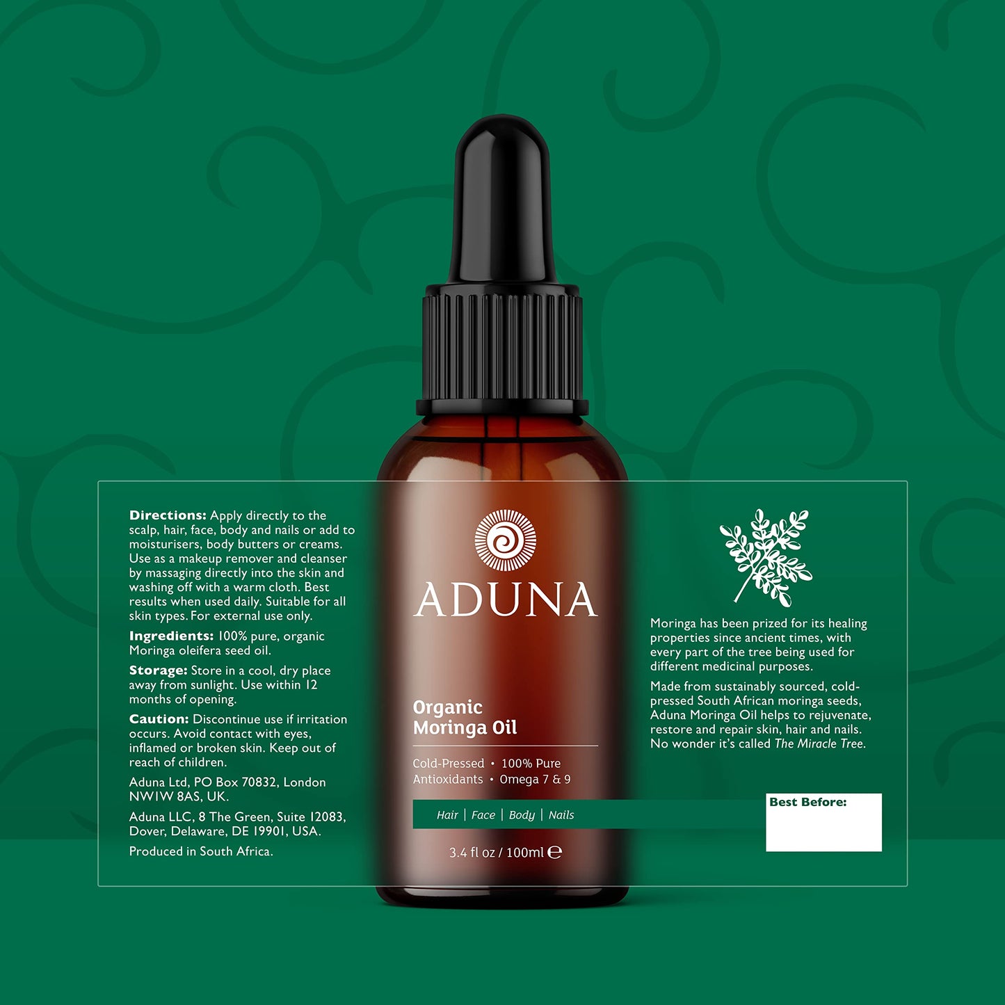 Aduna Moringa Oil 100% Organic 100ml | Unrefined Cold-Pressed Body, Hair & Face Oil | Best for Fine Lines and Moisturising | Antioxidants