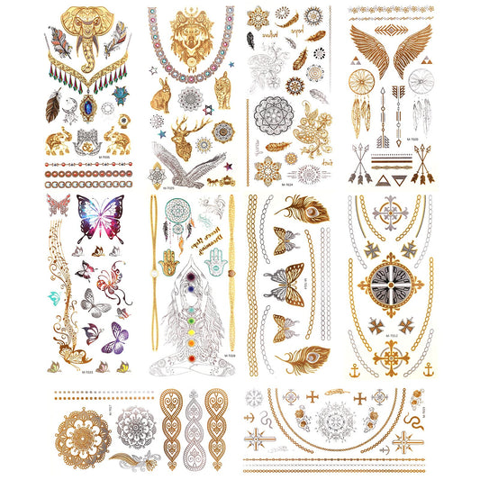 11 Sheets Metallic Gold Silver Glitter Temporary Tattoos, Waterproof Long Lasting 3D Fake Tattoo Stickers, Party Favors for Adult (Butterfly Elephant Animal Flower Cross) 11 Sheets