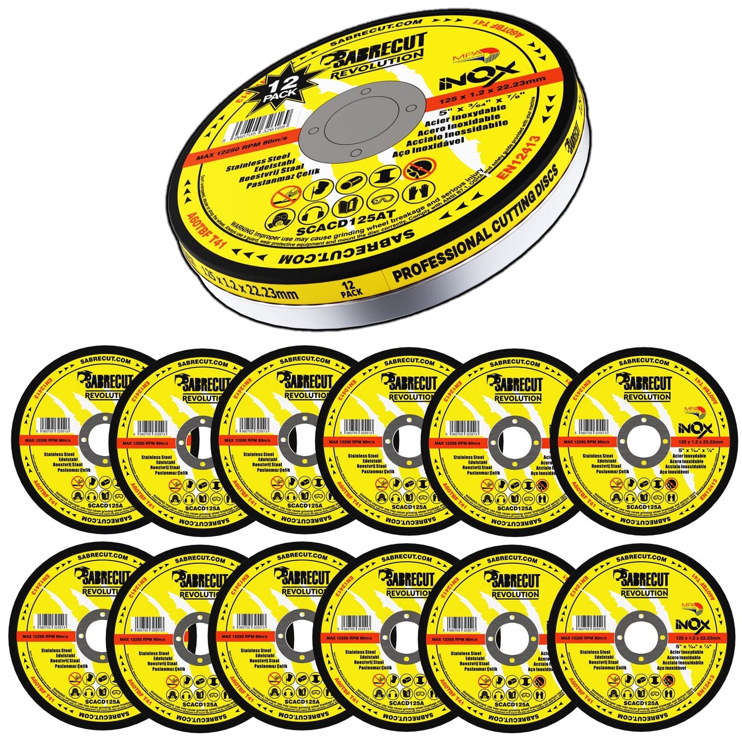 12 x SabreCut SCACD125AT 125mm (5") x 22.23mm Bore Abrasive Stainless Steel INOX Cutting Angle Grinder Circular Saw Discs Box Set Compatible with Bosch Dewalt Makita Milwaukee and Many Others