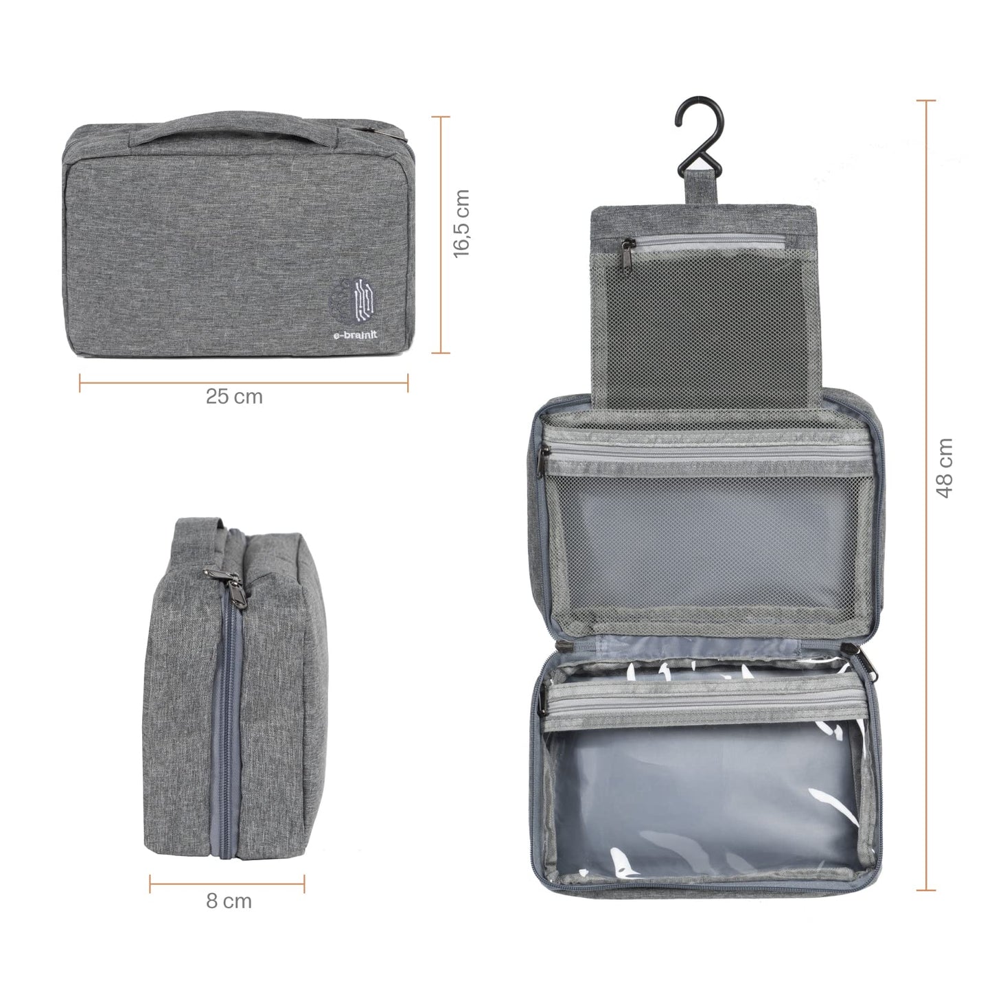 Beauty Case Travel Toiletry Bag Waterproof 3 Compartments Bag for Bathroom Accessories Grey Unisex