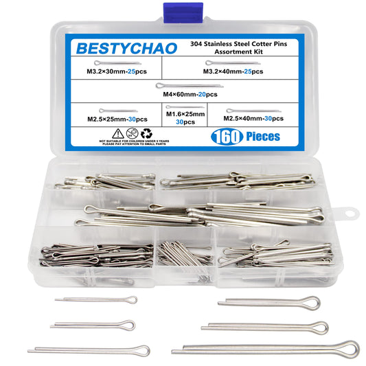 BESTYCHAO 160pcs Cotter Pin Assortment Kit, Stainless Steel Split Pin Key Faster Fitting U Sharp Type Cotter Pin 160PCS I