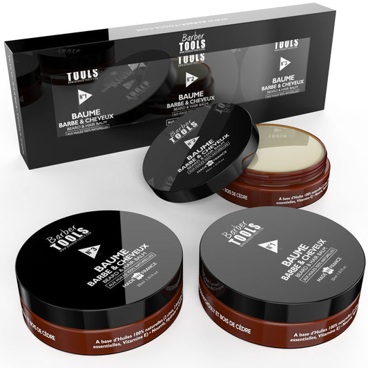 BARBER TOOLS Beard Balm Set N°1/2/3, 3x30 ml with 100% Natural Oils - Made in France - Nourishes, Hydrates, Textures