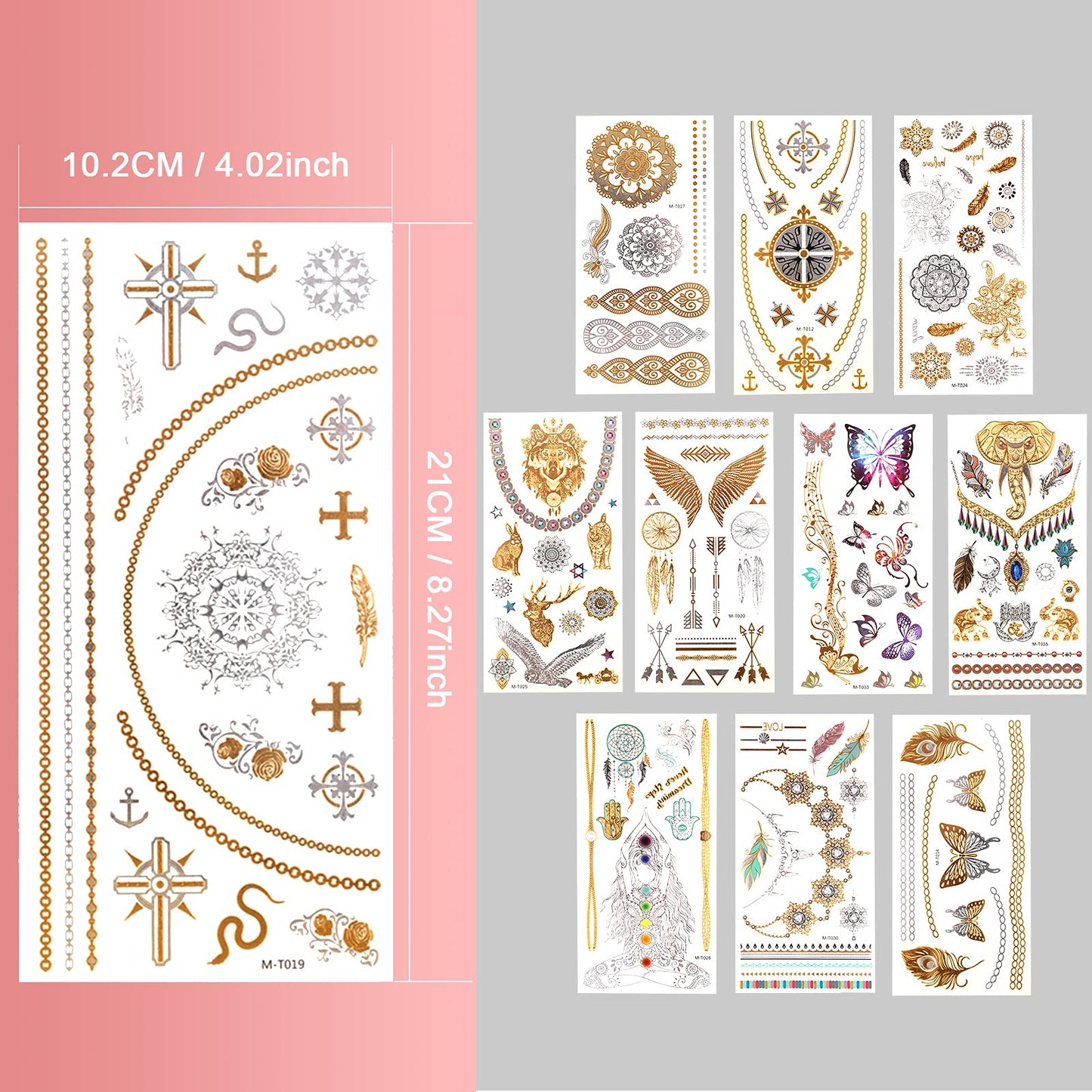 11 Sheets Metallic Gold Silver Glitter Temporary Tattoos, Waterproof Long Lasting 3D Fake Tattoo Stickers, Party Favors for Adult (Butterfly Elephant Animal Flower Cross) 11 Sheets