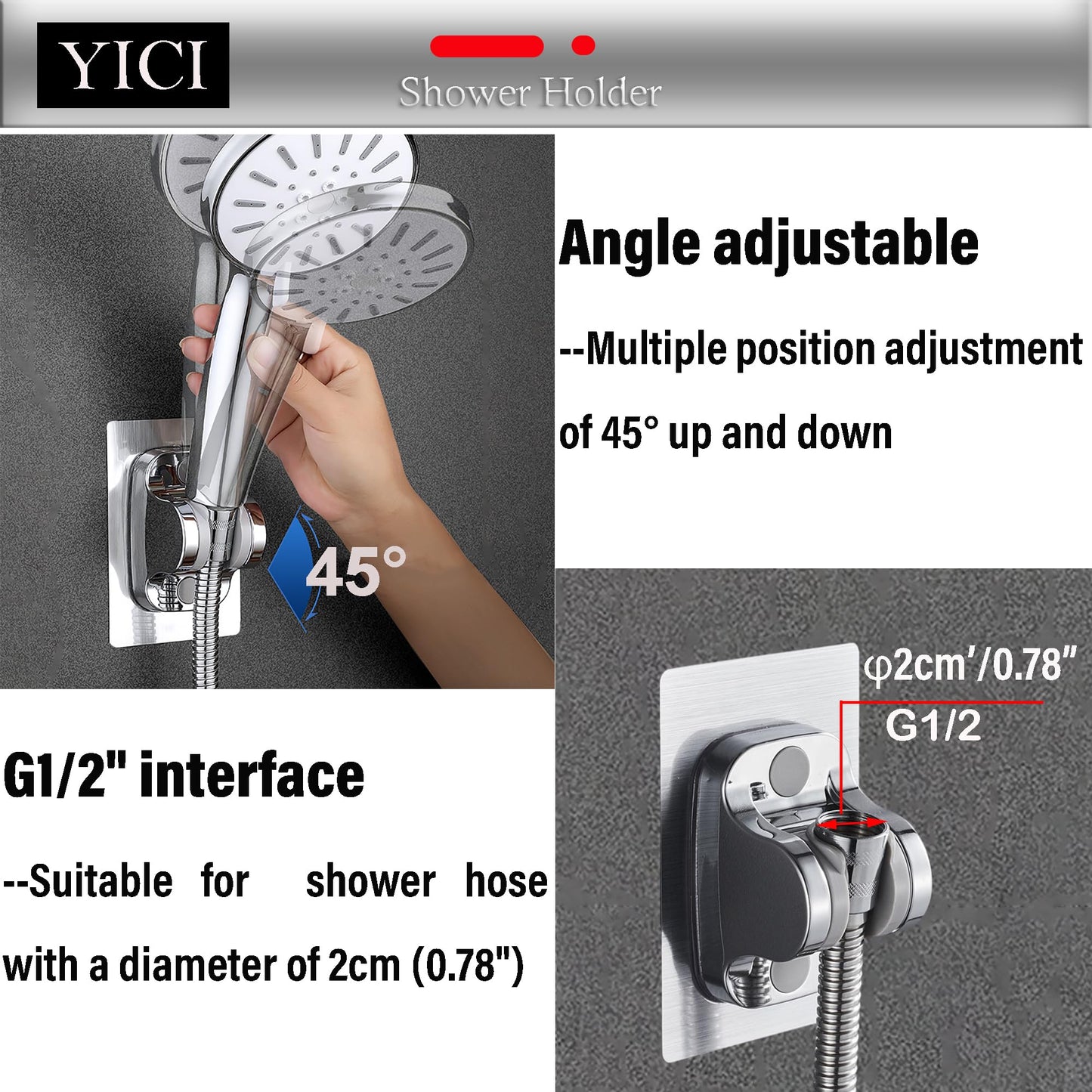 YICI Handheld Shower Bracket Shower Head Holder No Drilling 12cm Strong Adhesive Hand Shower Holder Angle Adjustable (2-Pack Silver) 2-pack Silver