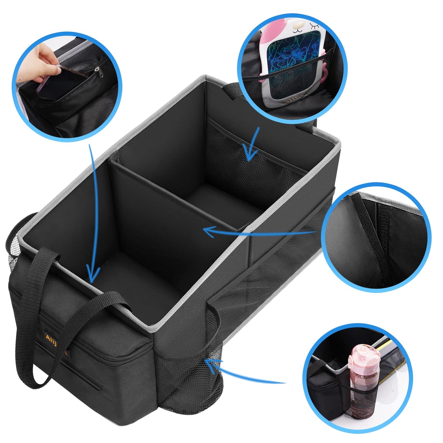 Alijees Car Seat Organiser - Car Caddy Accessories Organiser Back Seat for Kids, Car Boot Storage Backseat Organiser Front Seat With Cup Holders, Tissue Box, Multiple Mesh Pockets Black