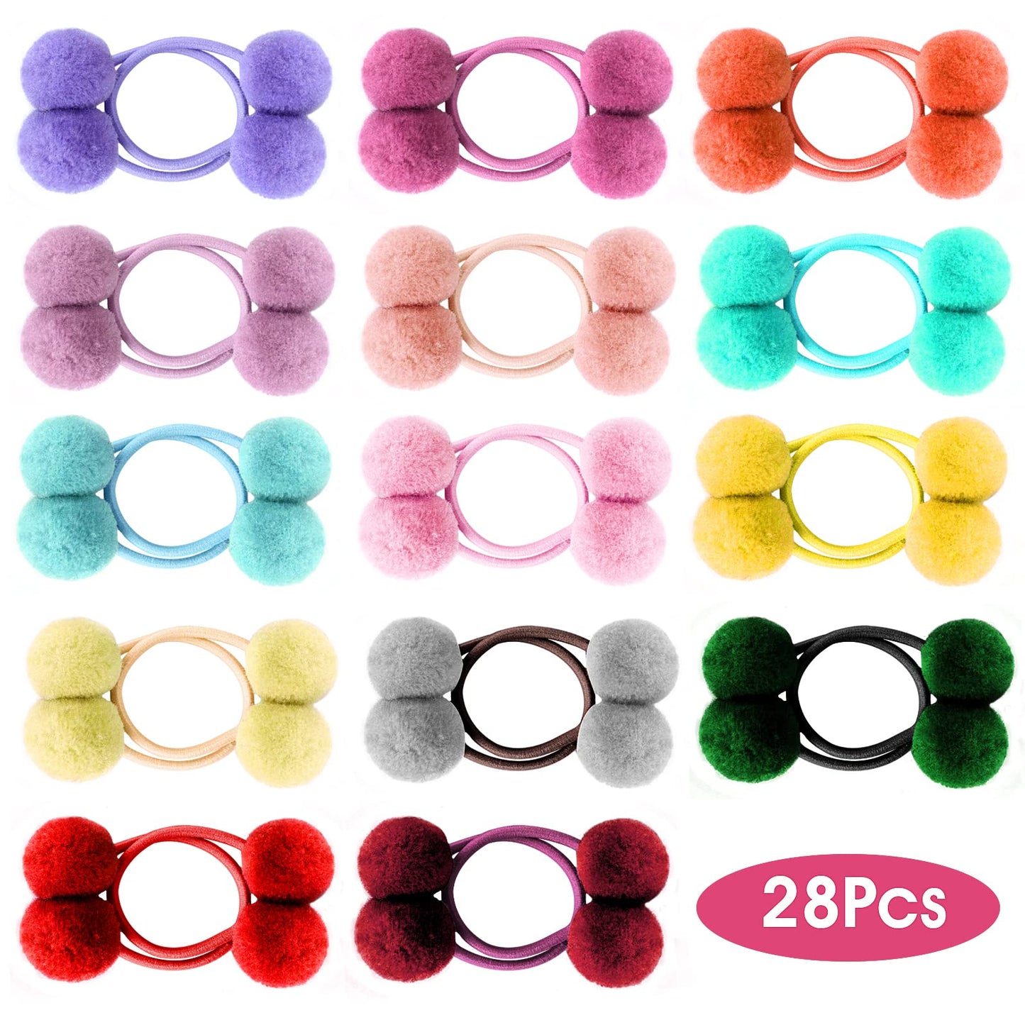 Yolev 28 Pcs Pom Pom Hair Ties for Girls Hair Band Fur Ball Fluffy Ponytail Holders for Women Girl Kids Hair Accessories