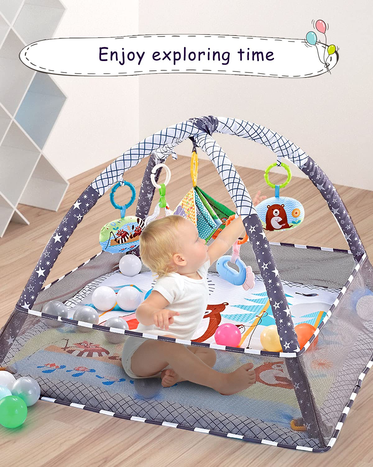 Trongle Baby Play Gym, Baby Play Mat Newborn with 5 Hanging Toys and 18 Ocean Balls, Lightweight Foam Stand Washable Soft Cotton Base, Playmats & Floor Gyms for 0-24months, with Carry Bag (80x80x55cm) Animal Theme 80x80x55cm