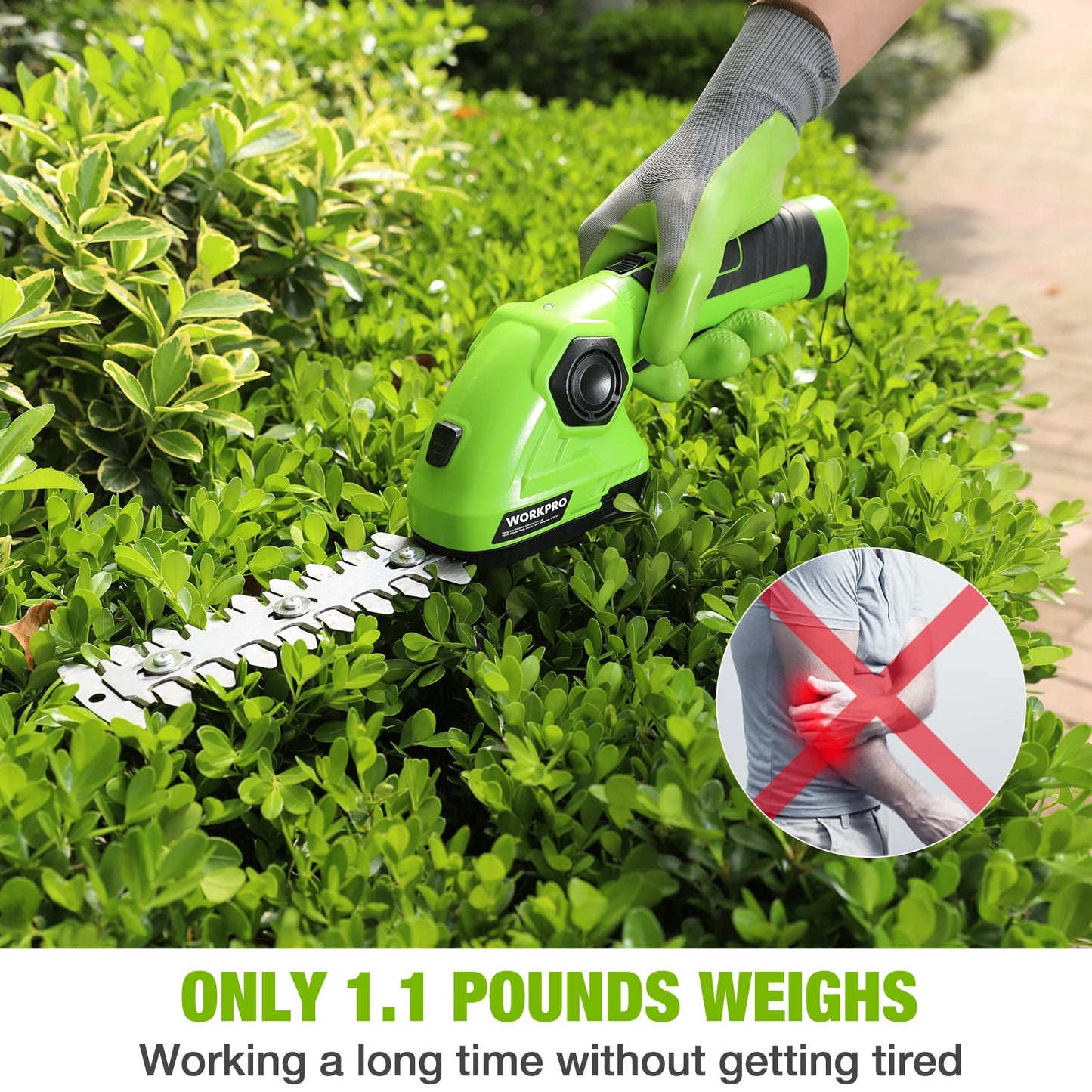 WORKPRO 2 in 1 7.2V Cordless Hedge Trimmer & Grass Shear with Lithium-Ion Battery, Handheld Hedge Cutter with 2 Blades, Grass Trimmer with 180° Rotatable Handle, Ideal for Shrub, Garden, Lawn