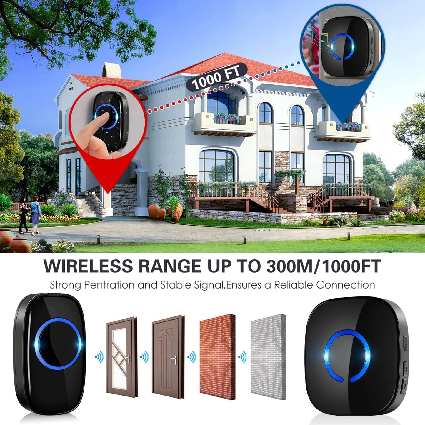 Wireless Doorbell Kit with 3 Receivers and 2 Button 1300FT Range, IP55 Waterproof & 5 Volume Levels & 58 Ringtones, Cordless Plug in Door Bells, Door Entry Bell for Home/Office/Garden 2 Buttons 3 Receivers Black