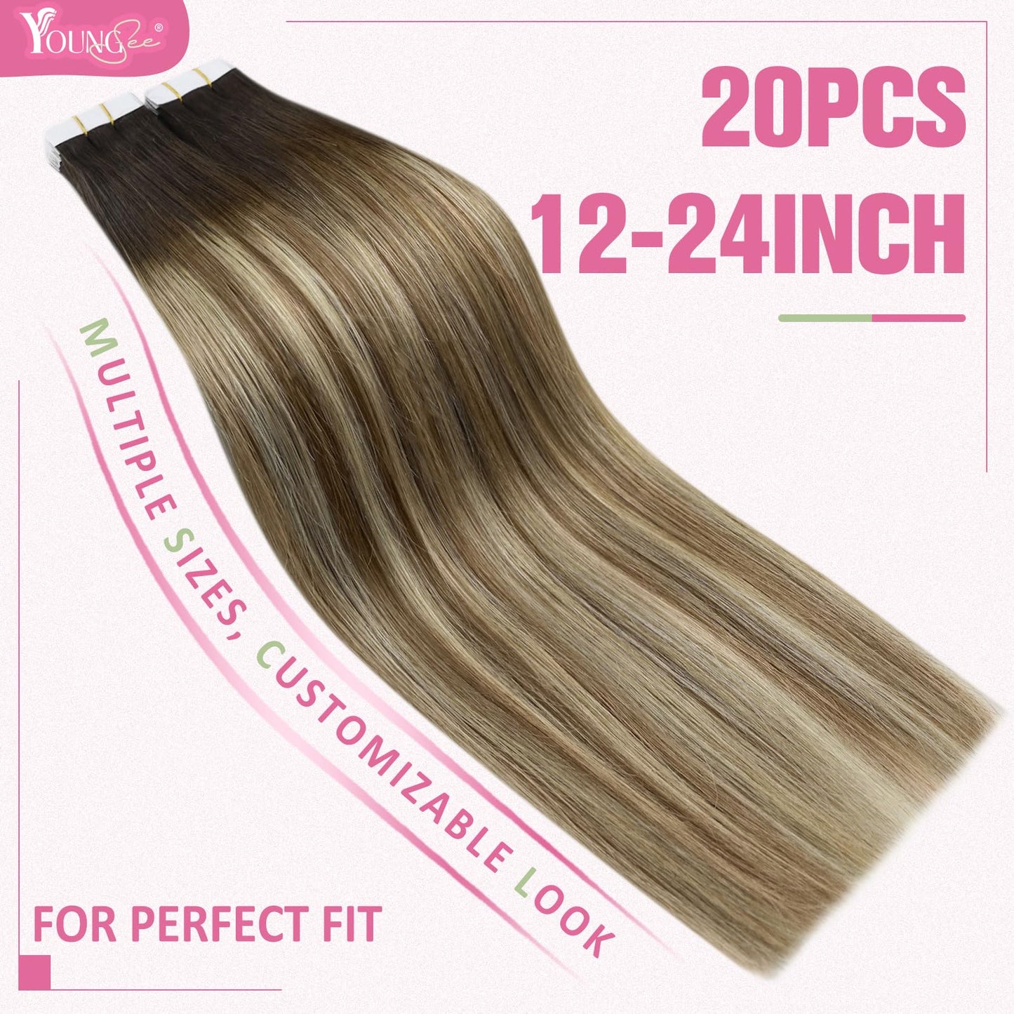 YoungSee Tape in Hair Extensions Real Human Hair Balayage Brown Tape in Hair Extensions Ombre Dark Brown to Brown with Blonde Tape in Extensions for Beginners 12Inch 20pcs 30g Hair Extensions Tape in