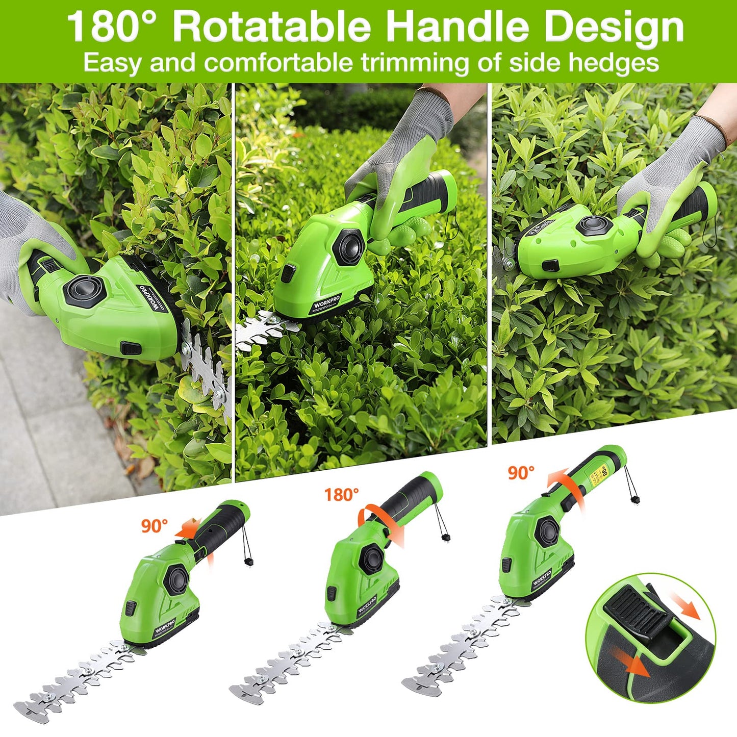 WORKPRO 2 in 1 7.2V Cordless Hedge Trimmer & Grass Shear with Lithium-Ion Battery, Handheld Hedge Cutter with 2 Blades, Grass Trimmer with 180° Rotatable Handle, Ideal for Shrub, Garden, Lawn