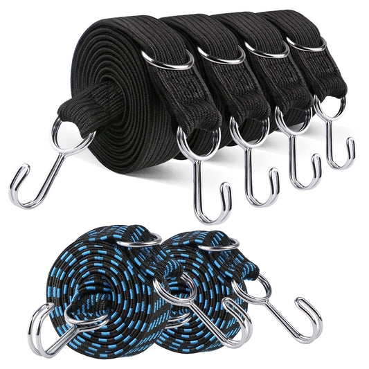 6 Pack Bungee Cords With Hooks 4 Pack 2M Extra Long Black Bungee Strap and 2 Pack 1M Blue Bungee Ropes Heavy Duty Bungee Cords Flat Rubber Elastic Straps, 200×3cm，100×3cm