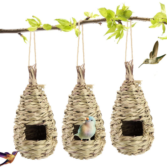 3 Pcs Bird Nest,Hummingbird House for Outside Hanging,Roosting Pouches for Birds,Grass Hanging Wren Finch Song Birds House for Nesting,Hand Woven Bird Nesting Boxes,for Garden Decoration,24x10.5 cm 3 Pcs Bird Nest