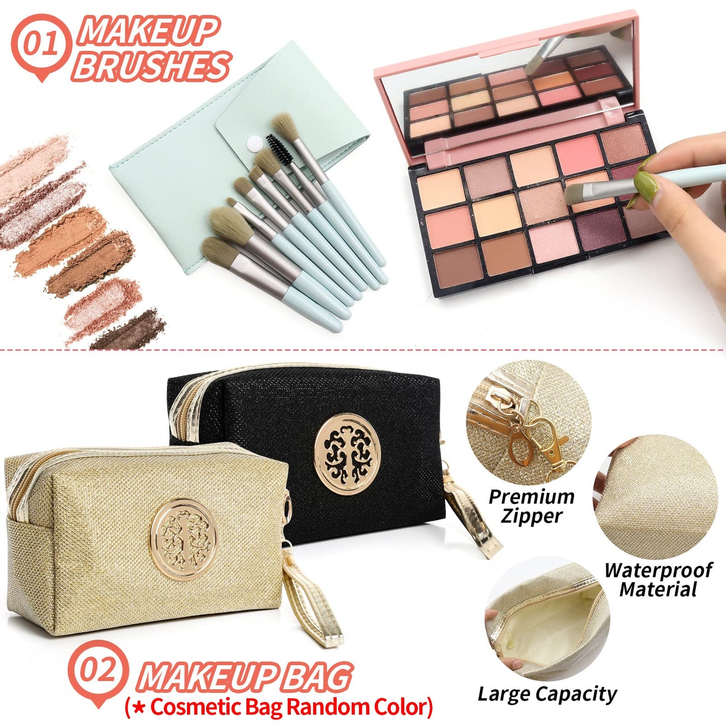 All in One Makeup Kit for Women,15 Color Eye Shadow Makeup Plattete,Waterproof Eyeliner Mascara,3 Color Eyebrow Powder,Eyebrow Stencils,Eyelash Curler,8 Makeup Brushes,Gold/Black Sequin Cosmetic Bag