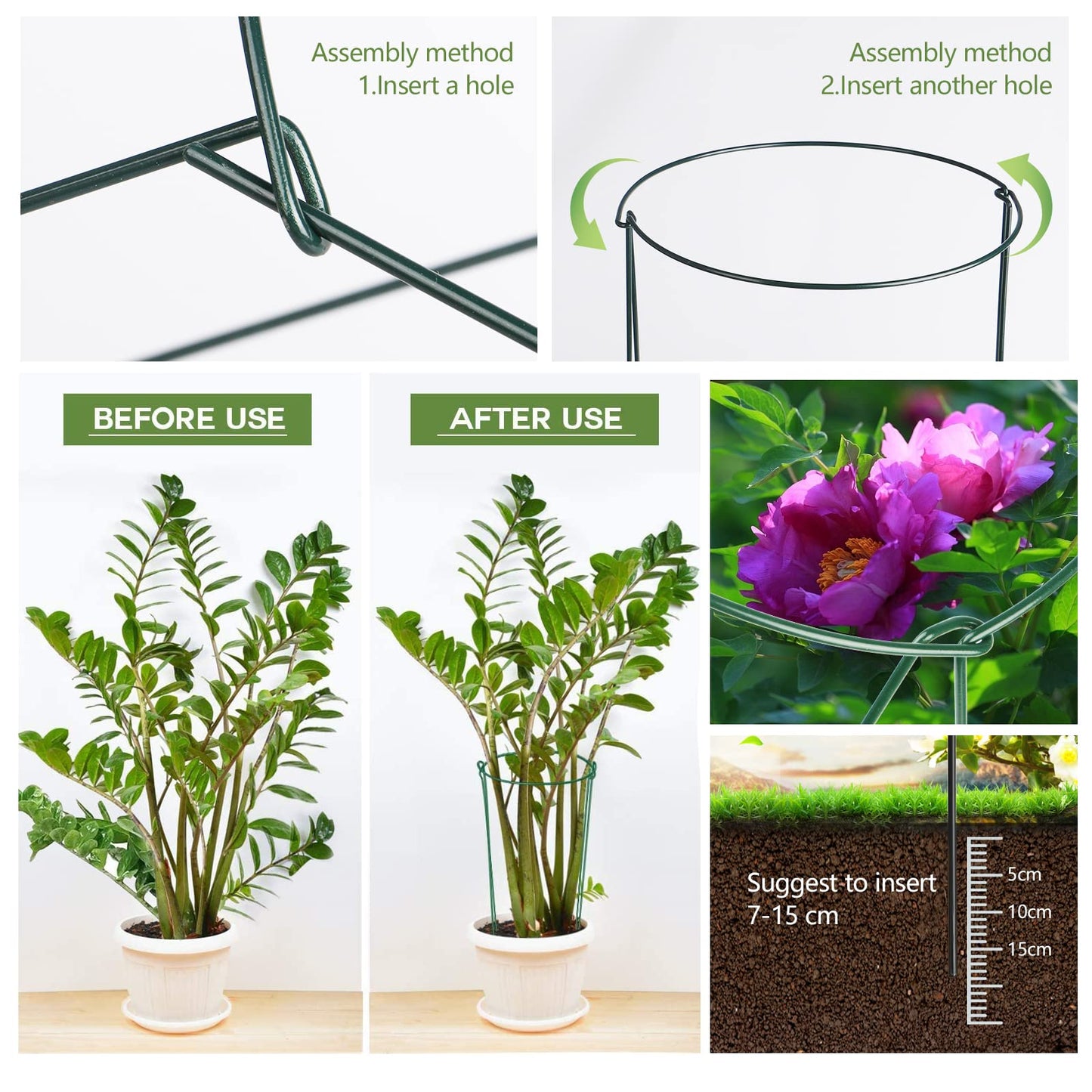 12Pcs Plant Supports Garden Plant Supports Stakes(25×40cm) Metal Half Round Plant Support Ring Cage Garden Border Support for Peony Rose Tomato Hydrangea Flowers