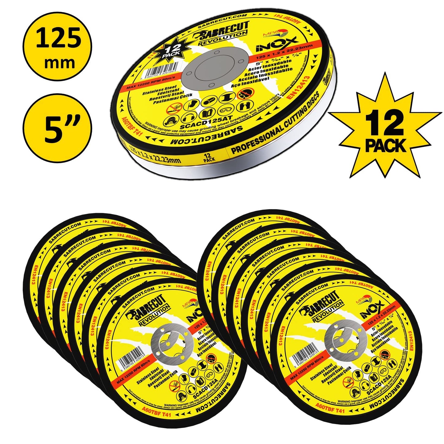 12 x SabreCut SCACD125AT 125mm (5") x 22.23mm Bore Abrasive Stainless Steel INOX Cutting Angle Grinder Circular Saw Discs Box Set Compatible with Bosch Dewalt Makita Milwaukee and Many Others